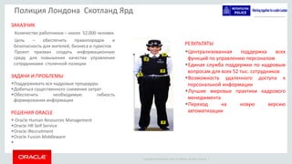 Copyright © 2014 Oracle and/or its affiliates. All rights reserved. |
Полиция Лондона Скотланд Ярд
ЗАКАЗЧИК
Количество работников – около 52,000 человек
Цель – обеспечить правопорядок и
безопасность для жителей, бизнеса и туристов
Проект призван создать информационную
среду для повышения качества управления
сотрудниками столичной полиции
ЗАДАЧИ И ПРОБЛЕМЫ
•Поддерживать все кадровые процедуры
•Добиться существенного снижения затрат
•Обеспечить необходимую гибкость
формирования информации
РЕШЕНИЯ ORACLE
• Oracle Human Resources Management
•Oracle HR Self Service
•Oracle iRecruitment
•Oracle Fusion Middleware
•
РЕЗУЛЬТАТЫ
•Централизованная поддержка всех
функций по управлению персоналом
•Единая служба поддержки по кадровым
вопросам для всех 52 тыс. сотрудников
•Возможность удаленного доступа к
персональной информации
•Лучшие мировые практики кадрового
менеджмента
•Переход на новую версию
автоматизации
 