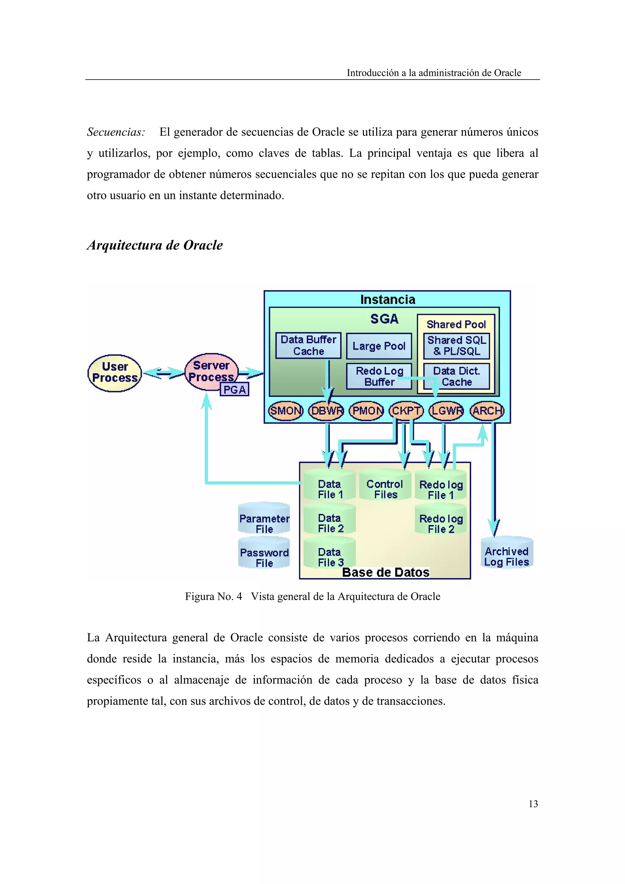 Introducción a la administración de Oracle




Secuencias:   El generador de secuencias de Oracle se utiliza para generar números únicos
y utilizarlos, por ejemplo, como claves de tablas. La principal ventaja es que libera al
programador de obtener números secuenciales que no se repitan con los que pueda generar
otro usuario en un instante determinado.



Arquitectura de Oracle




                    Figura No. 4 Vista general de la Arquitectura de Oracle


La Arquitectura general de Oracle consiste de varios procesos corriendo en la máquina
donde reside la instancia, más los espacios de memoria dedicados a ejecutar procesos
específicos o al almacenaje de información de cada proceso y la base de datos física
propiamente tal, con sus archivos de control, de datos y de transacciones.




                                                                                                   13
 