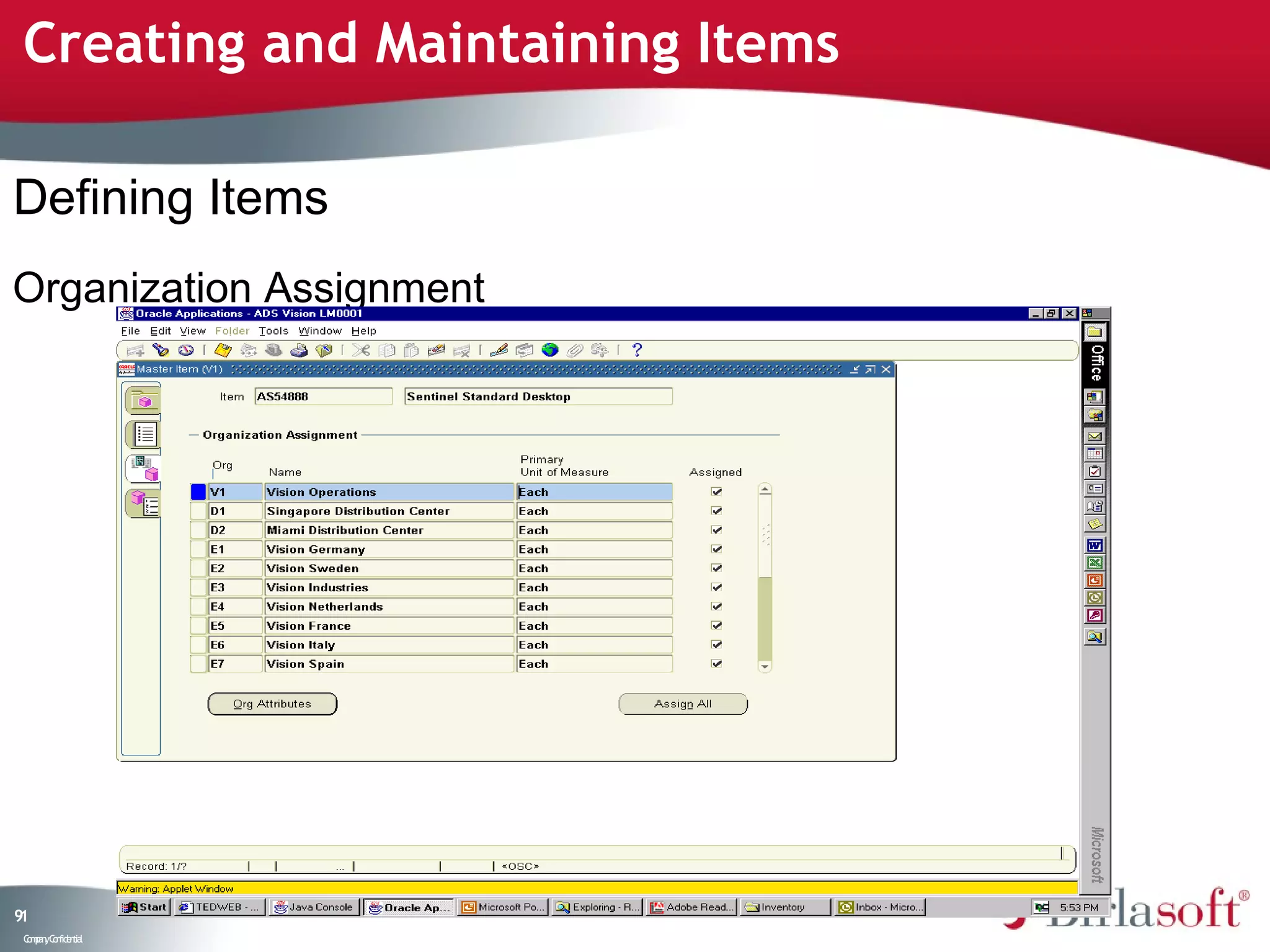 Creating and Maintaining Items

Defining Items
Organization Assignment




91
 C ma yC n e tia
  o p n o fid n l
 