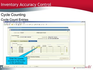 Inventory Accuracy Control

Cycle Counting
Cycle Count Entries




                      Enter the quantity
                    counted at the locator
                      in the warehouse

19
6
 C ma yC n e tia
  o p n o fid n l
 