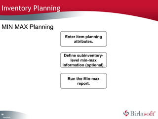 Inventory Planning

MIN MAX Planning
                      Enter item planning
                          attributes.


                      Define subinventory-
                         level min-max
                     information (optional).


                       Run the Min-max
                            report.




16
8
 C ma yC n e tia
  o p n o fid n l
 