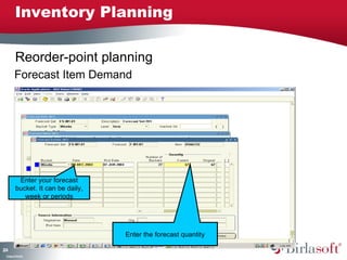 Inventory Planning

         Reorder-point planning
        Forecast Item Demand




          Enter your forecast
         bucket. It can be daily,
            week or periods




                                    Enter the forecast quantity

24
0
 C ma yC n e tia
  o p n o fid n l
 
