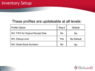 Inventory Setup



                    These profiles are updateable at all levels:
                    Profile Option                        Req’d    Default

                    INV: FIFO for Original Receipt Date    No        No

                    INV: Debug Level                      Yes     No Default

                    INV: Detail Serial Numbers             No        No




41
 C ma yC n e tia
  o p n o fid n l
 