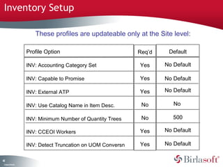 Inventory Setup

                       These profiles are updateable only at the Site level:

                    Profile Option                           Req’d    Default

                    INV: Accounting Category Set             Yes     No Default

                    INV: Capable to Promise                  Yes     No Default

                    INV: External ATP                        Yes     No Default

                    INV: Use Catalog Name in Item Desc.       No        No

                    INV: Minimum Number of Quantity Trees     No        500

                    INV: CCEOI Workers                       Yes     No Default

                    INV: Detect Truncation on UOM Conversn   Yes     No Default

42
 C ma yC n e tia
  o p n o fid n l
 