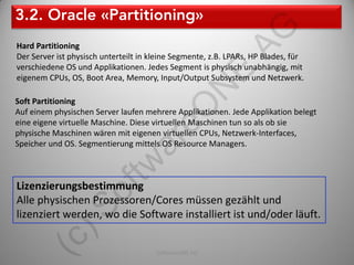 AG
Hard Partitioning
Der Server ist physisch unterteilt in kleine Segmente, z.B. LPARs, HP Blades, für
verschiedene OS und Applikationen. Jedes Segment is physisch unabhängig, mit




                                                        E
eigenem CPUs, OS, Boot Area, Memory, Input/Output Subsystem und Netzwerk.




                                                 N
Soft Partitioning




                                  eO
Auf einem physischen Server laufen mehrere Applikationen. Jede Applikation belegt
eine eigene virtuelle Maschine. Diese virtuellen Maschinen tun so als ob sie
physische Maschinen wären mit eigenen virtuellen CPUs, Netzwerk-Interfaces,


                                ar
Speicher und OS. Segmentierung mittels OS Resource Managers.
                         tw
Lizenzierungsbestimmung
                   of

Alle physischen Prozessoren/Cores müssen gezählt und
          )S


lizenziert werden, wo die Software installiert ist und/oder läuft.
    (c




                                       SoftwareONE AG                               17
 