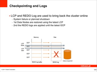 Checkpointing and Logs


              • LCP and REDO Log are used to bring back the cluster online
                  – System failure or planned shutdown
                  – 1st Data Nodes are restored using the latest LCP
                  – 2nd the REDO logs are applied until the latest GCP




© 2011 Oracle Corporation                                                    104
 