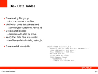 Disk Data Tables


    • Create a log file group
         – Add one or more undo files
    • Verify that undo files are created
         – /var/lib/mysql-cluster/ndb_nodeid_fs
    • Create a tablespace
         – Associate with a log file group
    • Verify that data files are created
         – /var/lib/mysql-cluster/ndb_nodeid_fs

    • Create a disk data table                    CREATE TABLE DiskTable_1 (
                                                     memberId INT UNSIGNED NOT NULL PRIMARY KEY,
                                                     lName VARCHAR(50) NOT NULL,
                                                     fName VARCHAR(50) NOT NULL,
                                                     dob DATE NOT NULL,
                                                     joined DATE NOT NULL,
                                                     INDEX(lName, fName)
                                                      ) TABLESPACE ts_1
                                                        STORAGE DISK ENGINE NDB;




© 2011 Oracle Corporation                                                                          116
 