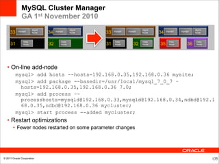 MySQL Cluster Manager
              GA 1st November 2010
                       Mgmt                   Mgmt                          Mgmt                          Mgmt
     33     mysqld
                       Node   34   mysqld
                                              Node   33   mysqld   mysqld
                                                                            Node   34   mysqld   mysqld
                                                                                                          Node


                Data                   Data               Data              Data          Data            Data
     31         Node          32       Node          31   Node        32    Node   35     Node       36   Node




  • On-line add-node
          mysql> add hosts --hosts=192.168.0.35,192.168.0.36 mysite;
          mysql> add package --basedir=/usr/local/mysql_7_0_7 –
            hosts=192.168.0.35,192.168.0.36 7.0;
          mysql> add process --
            processhosts=mysqld@192.168.0.33,mysqld@192.168.0.34,ndbd@192.1
            68.0.35,ndbd@192.168.0.36 mycluster;
          mysql> start process --added mycluster;
  • Restart optimizations
       • Fewer nodes restarted on some parameter changes




© 2011 Oracle Corporation                                                                                        135
 