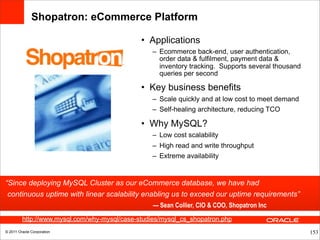 Shopatron: eCommerce Platform

                                              • Applications
                                                  – Ecommerce back-end, user authentication,
                                                    order data & fulfilment, payment data &
                                                    inventory tracking. Supports several thousand
                                                    queries per second

                                              • Key business benefits
                                                  – Scale quickly and at low cost to meet demand
                                                  – Self-healing architecture, reducing TCO

                                              • Why MySQL?
                                                  – Low cost scalability
                                                  – High read and write throughput
                                                  – Extreme availability


“Since deploying MySQL Cluster as our eCommerce database, we have had
 continuous uptime with linear scalability enabling us to exceed our uptime requirements”
                                                  — Sean Collier, CIO & COO, Shopatron Inc
         http://www.mysql.com/why-mysql/case-studies/mysql_cs_shopatron.php
© 2011 Oracle Corporation                                                                     53    153
 