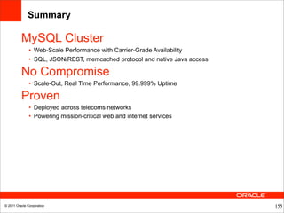 Summary

          MySQL Cluster
               • Web-Scale Performance with Carrier-Grade Availability
               • SQL, JSON/REST, memcached protocol and native Java access

          No Compromise
               • Scale-Out, Real Time Performance, 99.999% Uptime

          Proven
               • Deployed across telecoms networks
               • Powering mission-critical web and internet services




© 2011 Oracle Corporation                                                    155
 