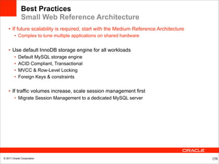 Best Practices
              Small Web Reference Architecture
    • If future scalability is required, start with the Medium Reference Architecture
        • Complex to tune multiple applications on shared hardware


    • Use default InnoDB storage engine for all workloads
        •   Default MySQL storage engine
        •   ACID Compliant, Transactional
        •   MVCC & Row-Level Locking
        •   Foreign Keys & constraints


    • If traffic volumes increase, scale session management first
        • Migrate Session Management to a dedicated MySQL server




© 2011 Oracle Corporation                                                               158
 