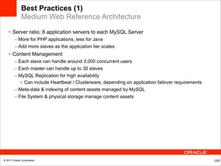Best Practices (1)
              Medium Web Reference Architecture

    • Server ratio: 8 application servers to each MySQL Server
        – More for PHP applications, less for Java
        – Add more slaves as the application tier scales
    • Content Management
        – Each slave can handle around 3,000 concurrent users
        – Each master can handle up to 30 slaves
        – MySQL Replication for high availability
           • Can include Heartbeat / Clusterware, depending on application failover requirements
        – Meta-data & indexing of content assets managed by MySQL
        – File System & physical storage manage content assets




© 2011 Oracle Corporation                                                                          160
 
