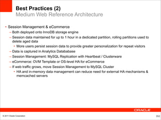Best Practices (2)
              Medium Web Reference Architecture

  • Session Management & eCommerce
       – Both deployed onto InnoDB storage engine
       – Session data maintained for up to 1 hour in a dedicated partition, rolling partitions used to
         delete aged data
          • More users persist session data to provide greater personalization for repeat visitors
       – Data is captured in Analytics Datababase
       – Session Management: MySQL Replication with Heartbeat / Clusterware
       – eCommerce: OVM Template or OS-level HA for eCommerce
       – If web traffic grows, move Session Management to MySQL Cluster
          • HA and in-memory data management can reduce need for external HA mechanisms &
             memcached servers




© 2011 Oracle Corporation                                                                                161
 