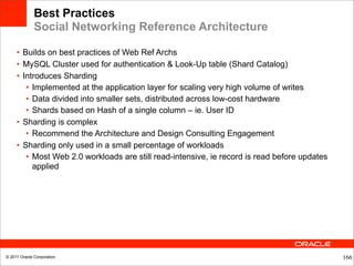Best Practices
              Social Networking Reference Architecture

     • Builds on best practices of Web Ref Archs
     • MySQL Cluster used for authentication & Look-Up table (Shard Catalog)
     • Introduces Sharding
        • Implemented at the application layer for scaling very high volume of writes
        • Data divided into smaller sets, distributed across low-cost hardware
        • Shards based on Hash of a single column – ie. User ID
     • Sharding is complex
        • Recommend the Architecture and Design Consulting Engagement
     • Sharding only used in a small percentage of workloads
        • Most Web 2.0 workloads are still read-intensive, ie record is read before updates
          applied




© 2011 Oracle Corporation                                                                     166
 