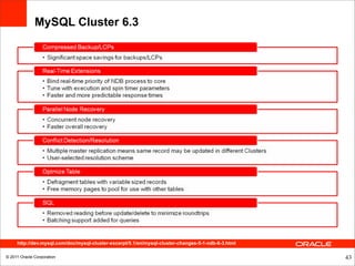 MySQL Cluster 6.3




     http://dev.mysql.com/doc/mysql-cluster-excerpt/5.1/en/mysql-cluster-changes-5-1-ndb-6-3.html

© 2011 Oracle Corporation                                                                           43
 