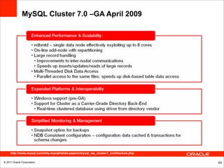 MySQL Cluster 7.0 –GA April 2009




     http://www.mysql.com/why-mysql/white-papers/mysql_wp_cluster7_architecture.php

© 2011 Oracle Corporation                                                             44
 