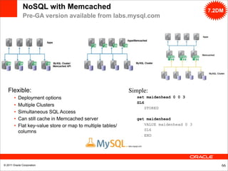 NoSQL with Memcached                                                         7.2DM
              Pre-GA version available from labs.mysql.com




   Flexible:                                                  Simple:
        •   Deployment options                                   set maidenhead 0 0 3
                                                                 SL6
        •   Multiple Clusters
                                                                     STORED
        •   Simultaneous SQL Access
        •   Can still cache in Memcached server                  get maidenhead
        •   Flat key-value store or map to multiple tables/         VALUE maidenhead 0 3
                                                                    SL6
            columns
                                                                    END




© 2011 Oracle Corporation                                                                      66
 