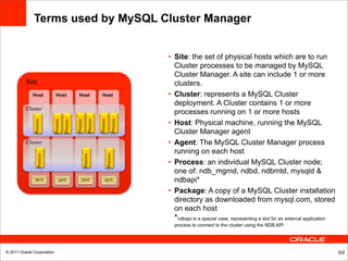 Terms used by MySQL Cluster Manager


                                                                                                   • Site: the set of physical hosts which are to run
                                                                                                     Cluster processes to be managed by MySQL
                                                                                                     Cluster Manager. A site can include 1 or more
          Site                                                                                       clusters.
             Host            Host                Host                     Host                     • Cluster: represents a MySQL Cluster
                                                                                                     deployment. A Cluster contains 1 or more
          Cluster
                                                                                                     processes running on 1 or more hosts
                                                                                                   • Host: Physical machine, running the MySQL
                                                                         Process

                                                                                         Process
                                                Process

                                                               Process
               Process



                            Process

                                      Process




                                                                                                     Cluster Manager agent
          Cluster                                                                                  • Agent: The MySQL Cluster Manager process
                                                                                                     running on each host
                  Process




                                                          Process



                                                                                   Process




                                                                                                   • Process: an individual MySQL Cluster node;
                                                                                                     one of: ndb_mgmd, ndbd, ndbmtd, mysqld &
               agent             agent               agent                    agent                  ndbapi*
                                                                                                   • Package: A copy of a MySQL Cluster installation
                                                                                                     directory as downloaded from mysql.com, stored
                                                                                                     on each host
                                                                                                    *ndbapi is a special case, representing a slot for an external application
                                                                                                    process to connect to the cluster using the NDB API




© 2011 Oracle Corporation                                                                                                                                                        69
 