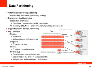 Data Partitioning

         • Automatic distribution/partitioning
             – Primary Key hash value (partitioning by Key)
         • Transparent load balancing
             – Distribution awareness
                • Data Node chosen based on PK hash value
             – Or proximity (SQL Node - shared memory, localhost, remote host)
         • Support for user defined partitioning                                                        4 Partitions * 2 Replicas = 8 Fragments

         • Key Concepts                                                                  Table T1                                                      Data Node 1

                                                                                                                                                       F1        F3
             – Partition                                                                                        Px Partition

                • Horizontal                                                                                   P1                                                Node Group 1
                                                                                                                                                       Data Node 2

                • # of partitions = # of data nodes                                                            P2                                      F3        F1


             – Fragment
                                                                                                               P3
                • Copy of a partition                                                                                                                  Data Node 3

                                                                                                                                                       F2        F4
             – Replica                                                                                         P4

                • Complete copy of the data                                                             Fx     Primary Fragment                        Data Node 4
                                                                                                                                                                     Node Group 2


             – Node Group                             - Node groups are created automatically
                                                      - # of groups = # of data nodes / # of replicas   Fx     Secondary Fragment (fragment replica)
                                                                                                                                                       F4        F2


                • Groups data nodes (automatically)
                • Determined by the order in configuration file
                • # of groups = # of data nodes / # of replicas


© 2011 Oracle Corporation                                                                                                                                                           95
 