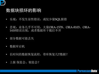 数据块损坏的影响 
•乐观：不发生显性错误，或仅少量SQL报错 
•悲观：业务几乎不可用，大量ORA-1578、ORA-8103、ORA- 1410错误出现，或者数据库干脆打不开 
•部分数据可能丢失 
•数据库宕机 
•长时间的数据恢复流程，带库恢复几T数据？ 
•上报 保监会、银监会？  