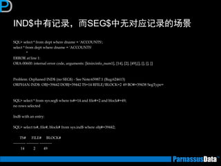 IND$中有记录，而SEG$中无对应记录的场景 
SQL> select * from dept where dname = 'ACCOUNTS'; 
select * from dept where dname = 'ACCOUNTS' 
* 
ERROR at line 1: 
ORA-00600: internal error code, arguments: [ktsircinfo_num1], [14], [2], [49],[], [], [], [] 
Problem: Orphaned IND$ (no SEG$) - See Note:65987.1 (Bug:624613) 
ORPHAN IND$: OBJ=39442 DOBJ=39442 TS=14 RFILE/BLOCK=2 49 BO#=39438 SegType= 
SQL> select * from sys.seg$ where ts#=14 and file#=2 and block#=49; 
no rows selected 
Ind$ with an entry: 
SQL> select ts#, file#, block# from sys.ind$ where obj#=39442; 
TS# FILE# BLOCK# 
---------- ---------- ---------- 
14 2 49 
 