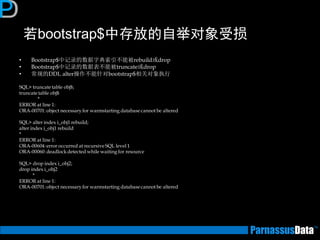 若bootstrap$中存放的自举对象受损 
•Bootstrap$中记录的数据字典索引不能被rebuild或drop 
•Bootstrap$中记录的数据表不能被truncate或drop 
•常规的DDL alter操作不能针对bootstrap$相关对象执行 
SQL> truncate table obj$; 
truncate table obj$ 
* 
ERROR at line 1: 
ORA-00701: object necessary for warmstarting database cannot be altered 
SQL> alter index i_obj1 rebuild; 
alter index i_obj1 rebuild 
* 
ERROR at line 1: 
ORA-00604: error occurred at recursive SQL level 1 
ORA-00060: deadlock detected while waiting for resource 
SQL> drop index i_obj2; 
drop index i_obj2 
* 
ERROR at line 1: 
ORA-00701: object necessary for warmstarting database cannot be altered 
 