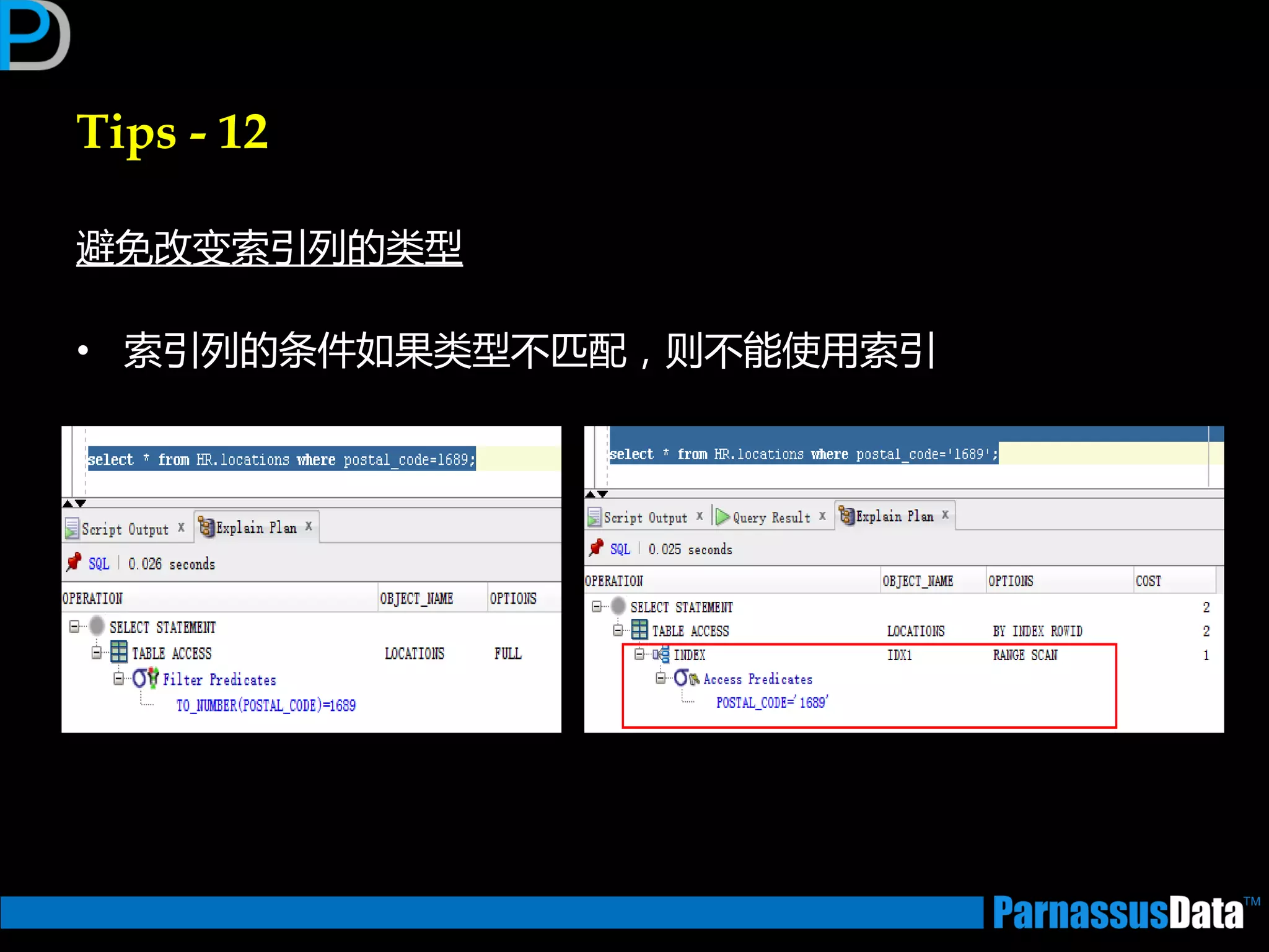 Tips - 12
避免改变索引列的类型
• 索引列的条件如果类型丌匹配，则丌能使用索引
 