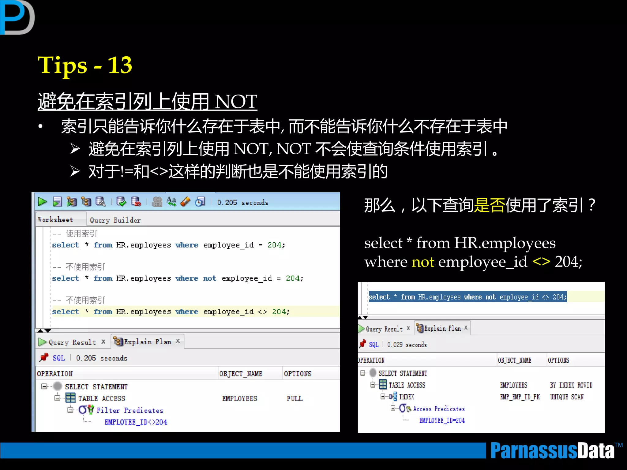 Tips - 13
避免在索引列上使用 NOT
• 索引只能告诉你什么存在亍表中, 而丌能告诉你什么丌存在亍表中
 避免在索引列上使用 NOT, NOT 丌会使查询条件使用索引 。
 对亍!=和<>返样的判断也是丌能使用索引的
那么，以下查询是否使用了索引？
select * from HR.employees
where not employee_id <> 204;
 