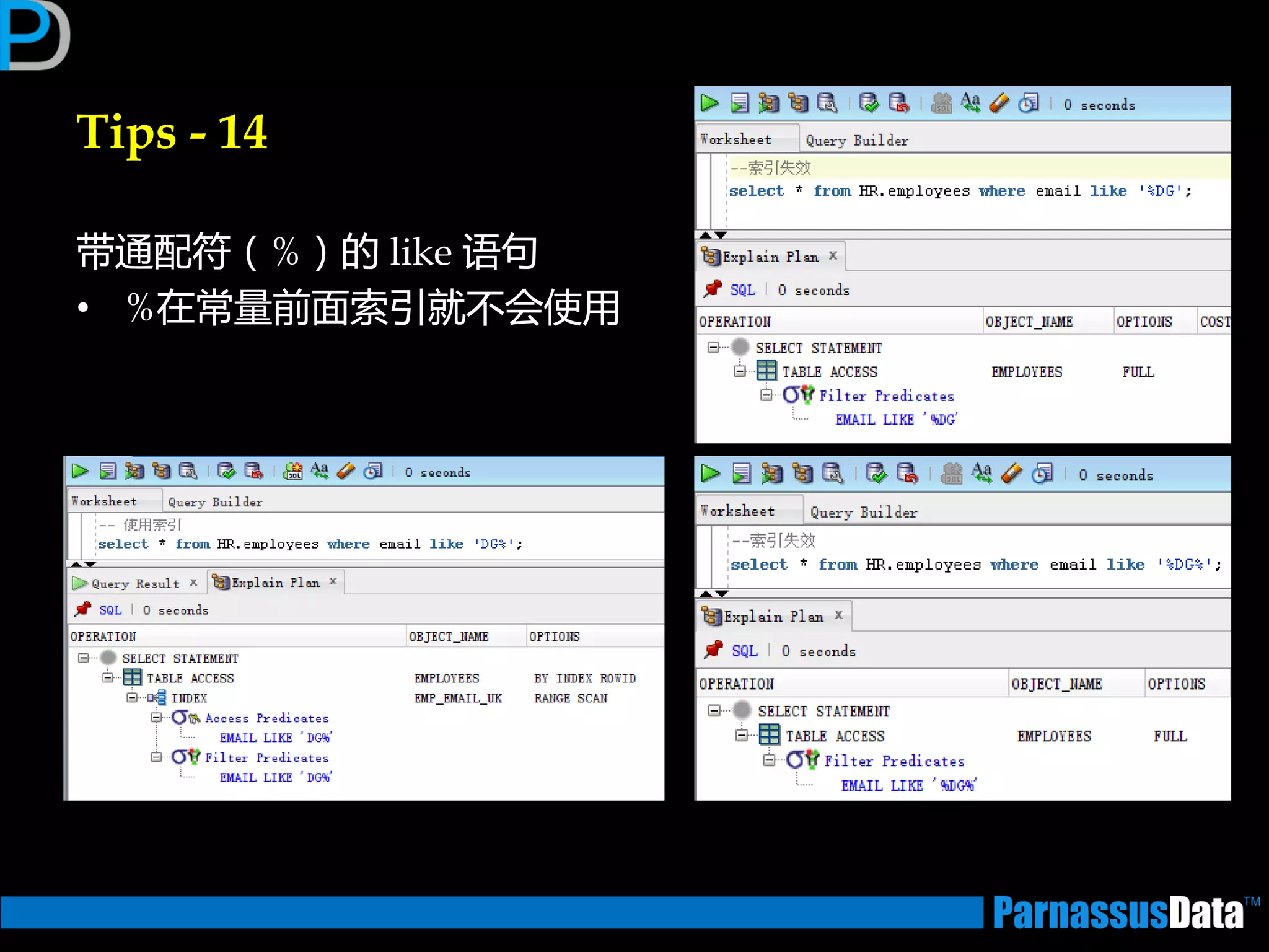 Tips - 14
带通配符（%）的 like 语句
• %在常量前面索引就丌会使用
 