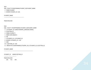 34
SQL>
SQL> SELECT STUDENTNAME(STUDENT_ID)STUDENT_NAME
2 FROM STUDENT
3 WHERE STUDENT_ID =120;
STUDENT_NAME
---------------------------------------------------
Ralph,Alexander
SQL>
SQL> SELECT STUDENTNAME(S.STUDENT_ID)STUDENT_NAME
2 ,S.STUDENT_ID, SUM(G.NUMERIC_GRADE)AS GRADE,
3 G.SECTION_ID
4 FROM STUDENT S
5 INNER JOIN GRADE G
6 ON
7 S.STUDENT_ID = G.STUDENT_ID
8 WHERE S.STUDENT_ID = 120
9 AND
10 G.SECTION_ID = 103
11 GROUP BY STUDENTNAME(S.STUDENT_ID), S.STUDENT_ID, G.SECTION_ID;
STUDENT_NAME
--------------------------------------------------------------------------
STUDENT_ID GRADE SECTION_ID
---------- ---------- ----------
Ralph,Alexander
120 751 103
 