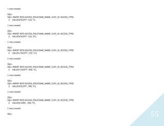 55
1 row created.
SQL>
SQL> INSERT INTO ACCESS_POLICY(AM_NAME, CUST_ID, ACCESS_TYPE)
2 VALUES('SCOTT', 123, 'I');
1 row created.
SQL>
SQL> INSERT INTO ACCESS_POLICY(AM_NAME, CUST_ID, ACCESS_TYPE)
2 VALUES('SCOTT', 123, 'D');
1 row created.
SQL>
SQL> INSERT INTO ACCESS_POLICY(AM_NAME, CUST_ID, ACCESS_TYPE)
2 VALUES ('SCOTT', 123, 'U');
1 row created.
SQL>
SQL> INSERT INTO ACCESS_POLICY(AM_NAME, CUST_ID, ACCESS_TYPE)
2 VALUES ('SCOTT', 456, 'S');
1 row created.
SQL>
SQL> INSERT INTO ACCESS_POLICY(AM_NAME, CUST_ID, ACCESS_TYPE)
2 VALUES('SCOTT', 789, 'S');
1 row created.
SQL>
SQL> INSERT INTO ACCESS_POLICY(AM_NAME, CUST_ID, ACCESS_TYPE)
2 VALUES('LARA', 456, 'S');
1 row created.
SQL>
 