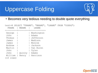 Uppercase Folding
●
Becomes very tedious needing to double quote everything
test=# SELECT "FNAME", "MNAME", "LNAME" FROM "USERS";
FNAME | MNAME | LNAME
---------+--------+------------
George | | Washington
John | | Adams
Thomas | | Jefferson
James | | Madison
James | | Monroe
Andrew | | Jackson
Martin | | Van Buren
John | | Tyler
John | Quincy | Adams
William | Henry | Harrison
(10 rows)
 