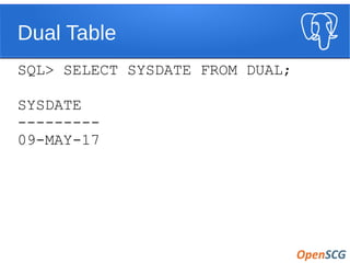 Dual Table
SQL> SELECT SYSDATE FROM DUAL;
SYSDATE
---------
09-MAY-17
 