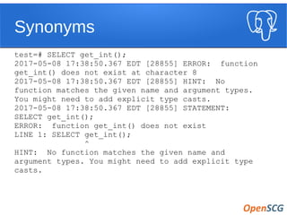Synonyms
test=# SELECT get_int();
2017-05-08 17:38:50.367 EDT [28855] ERROR: function
get_int() does not exist at character 8
2017-05-08 17:38:50.367 EDT [28855] HINT: No
function matches the given name and argument types.
You might need to add explicit type casts.
2017-05-08 17:38:50.367 EDT [28855] STATEMENT:
SELECT get_int();
ERROR: function get_int() does not exist
LINE 1: SELECT get_int();
^
HINT: No function matches the given name and
argument types. You might need to add explicit type
casts.
 