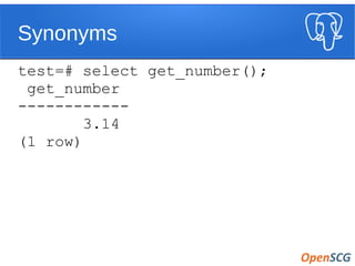 Synonyms
test=# select get_number();
get_number
------------
3.14
(1 row)
 