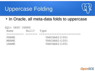 Uppercase Folding
●
In Oracle, all meta-data folds to uppercase
SQL> DESC USERS
Name Null? Type
---------- ------- ------------------------
FNAME VARCHAR2(100)
MNAME VARCHAR2(100)
LNAME VARCHAR2(100)
 