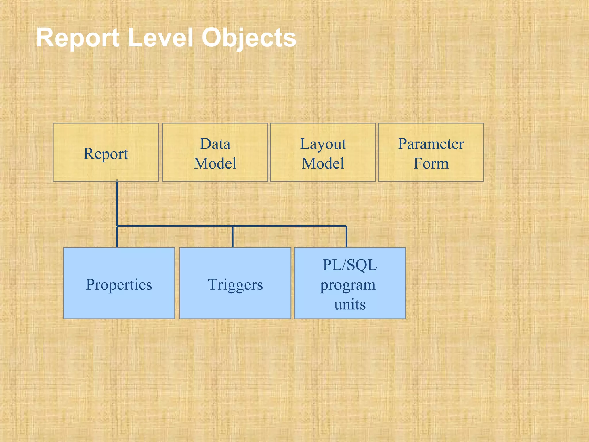 Report Level Objects 
Parameter 
Form 
Data 
Model 
Layout 
Model 
Properties Triggers 
PL/SQL 
program 
units 
Report 
 