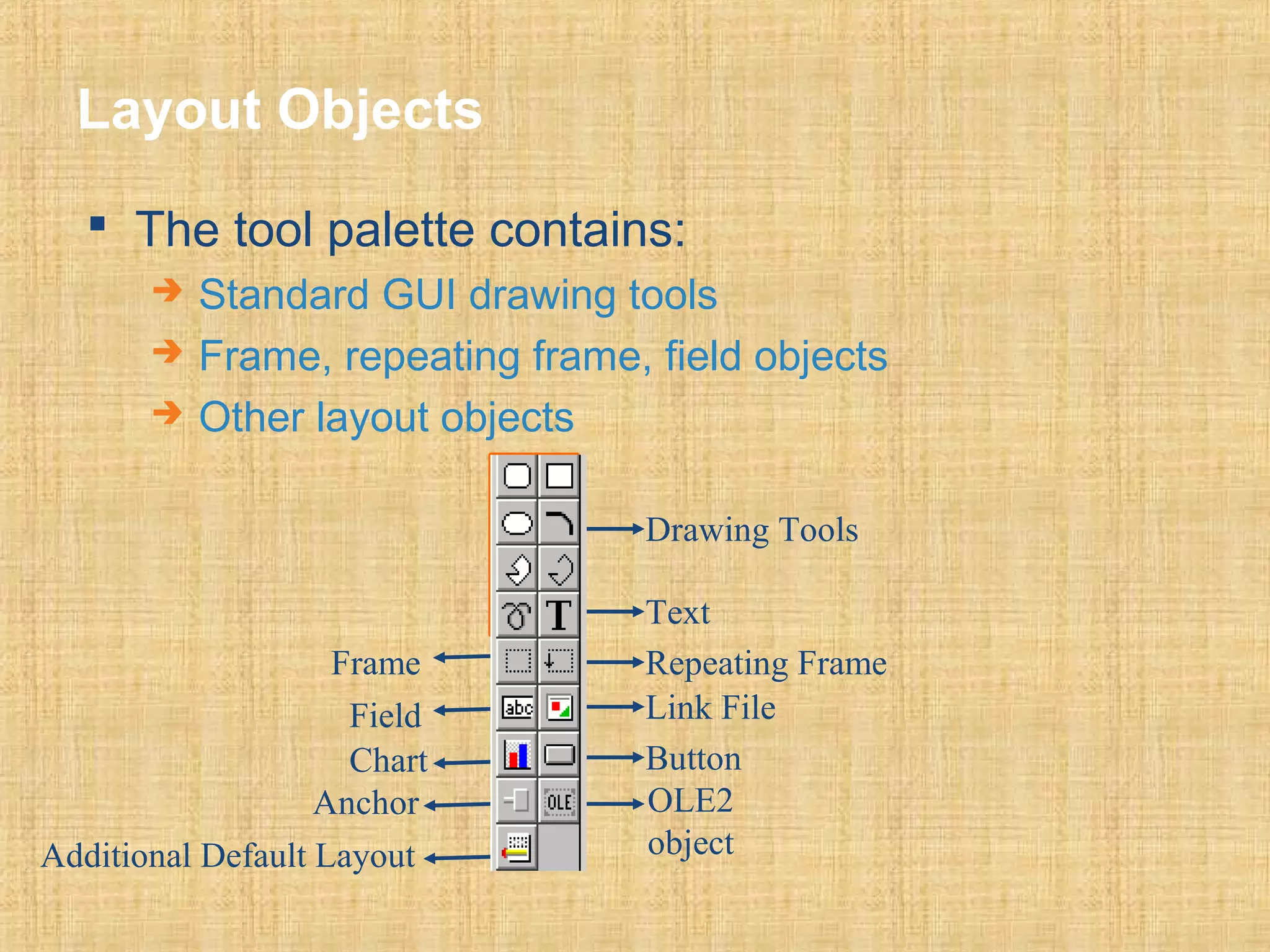 Layout Objects 
 The tool palette contains: 
 Standard GUI drawing tools 
 Frame, repeating frame, field objects 
 Other layout objects 
Drawing Tools 
Text 
Repeating Frame 
Link File 
Button 
OLE2 
object 
Frame 
Field 
Chart 
Anchor 
Additional Default Layout 
 
