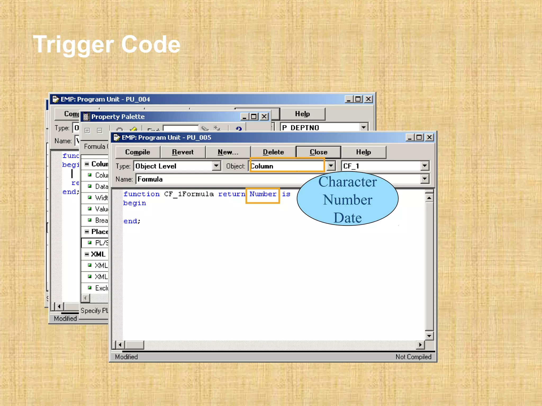 Trigger Code 
True 
False 
Character 
Number 
Date 
 