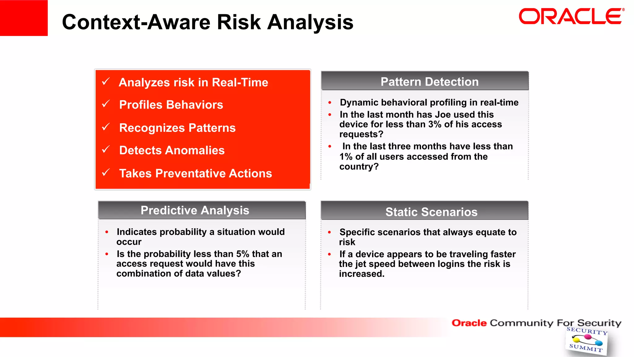 Context-Aware Risk Analysis

   ü  Analyzes risk in Real-Time                            Pattern Detection
   ü  Profiles Behaviors                        •  Dynamic behavioral profiling in real-time
                                                 •  In the last month has Joe used this
   ü  Recognizes Patterns                          device for less than 3% of his access
                                                    requests?
                                                 •  In the last three months have less than
   ü  Detects Anomalies                            1% of all users accessed from the
                                                    country?
   ü  Takes Preventative Actions


            Predictive Analysis                               Static Scenarios
    •  Indicates probability a situation would   •  Specific scenarios that always equate to
       occur                                        risk
    •  Is the probability less than 5% that an   •  If a device appears to be traveling faster
       access request would have this               the jet speed between logins the risk is
       combination of data values?                  increased.
 