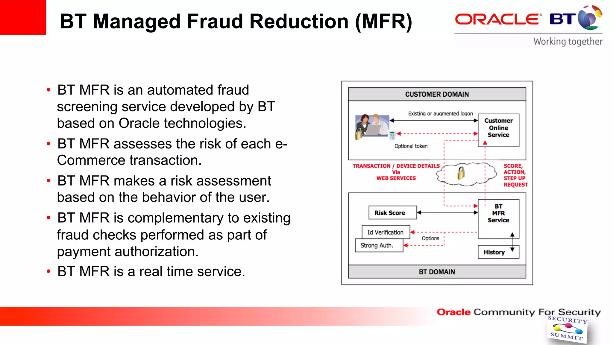 BT Managed Fraud Reduction (MFR)


•  BT MFR is an automated fraud
   screening service developed by BT
   based on Oracle technologies.
•  BT MFR assesses the risk of each e-
   Commerce transaction.
•  BT MFR makes a risk assessment
   based on the behavior of the user.
•  BT MFR is complementary to existing
   fraud checks performed as part of
   payment authorization.
•  BT MFR is a real time service.
 