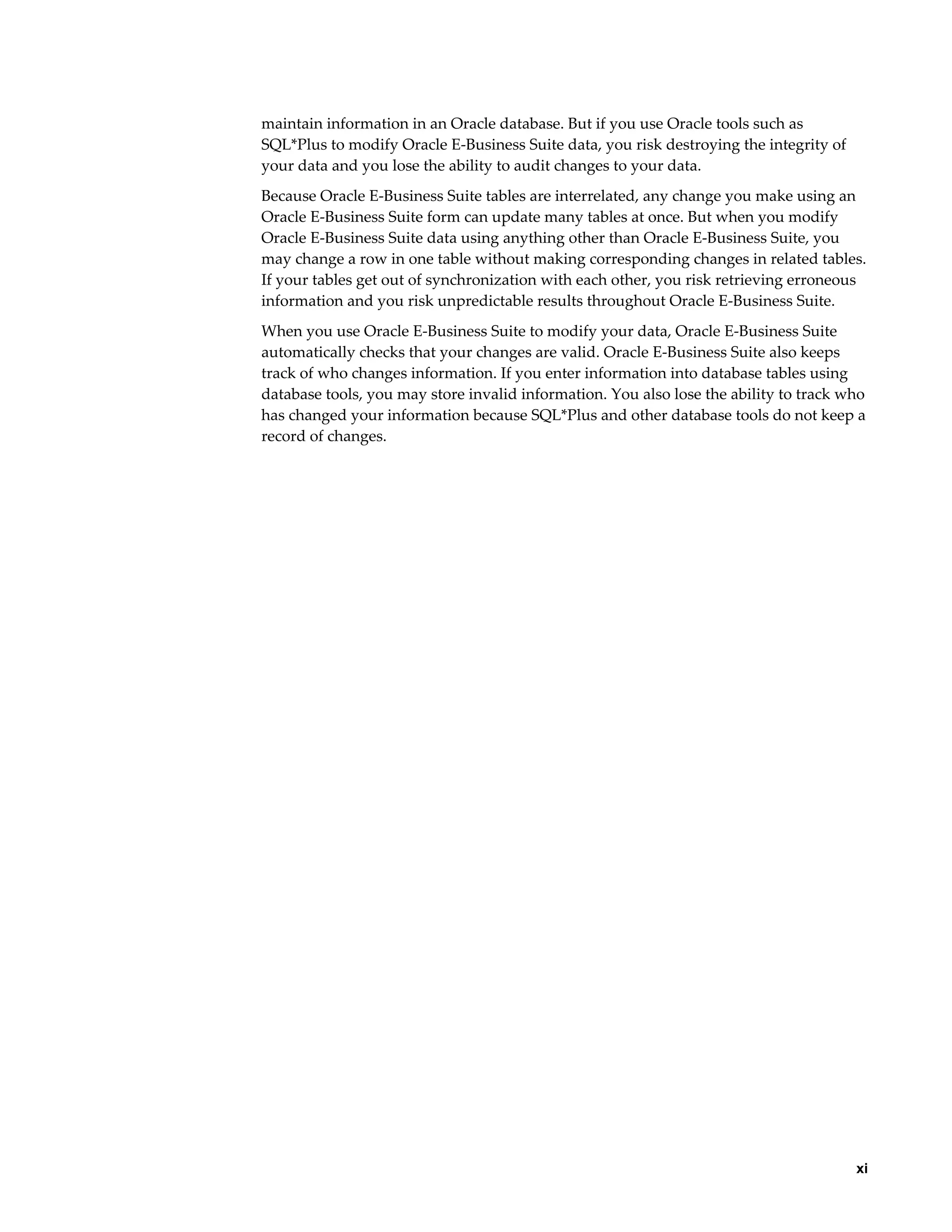     xi
maintain information in an Oracle database. But if you use Oracle tools such as
SQL*Plus to modify Oracle E-Business Suite data, you risk destroying the integrity of
your data and you lose the ability to audit changes to your data.
Because Oracle E-Business Suite tables are interrelated, any change you make using an
Oracle E-Business Suite form can update many tables at once. But when you modify
Oracle E-Business Suite data using anything other than Oracle E-Business Suite, you
may change a row in one table without making corresponding changes in related tables.
If your tables get out of synchronization with each other, you risk retrieving erroneous
information and you risk unpredictable results throughout Oracle E-Business Suite.
When you use Oracle E-Business Suite to modify your data, Oracle E-Business Suite
automatically checks that your changes are valid. Oracle E-Business Suite also keeps
track of who changes information. If you enter information into database tables using
database tools, you may store invalid information. You also lose the ability to track who
has changed your information because SQL*Plus and other database tools do not keep a
record of changes.
 