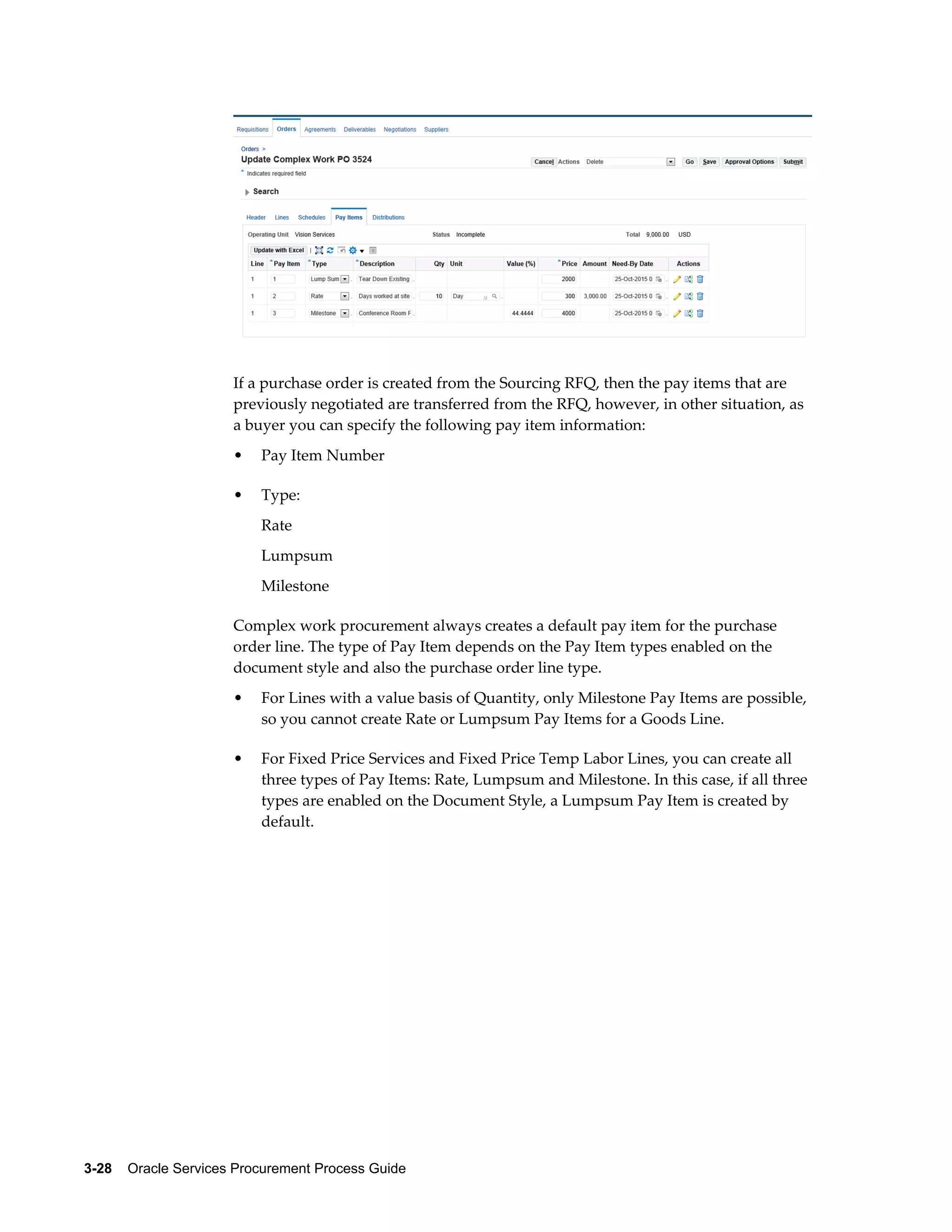 3-28    Oracle Services Procurement Process Guide
If a purchase order is created from the Sourcing RFQ, then the pay items that are
previously negotiated are transferred from the RFQ, however, in other situation, as
a buyer you can specify the following pay item information:
• Pay Item Number
• Type:
Rate
Lumpsum
Milestone
Complex work procurement always creates a default pay item for the purchase
order line. The type of Pay Item depends on the Pay Item types enabled on the
document style and also the purchase order line type.
• For Lines with a value basis of Quantity, only Milestone Pay Items are possible,
so you cannot create Rate or Lumpsum Pay Items for a Goods Line.
• For Fixed Price Services and Fixed Price Temp Labor Lines, you can create all
three types of Pay Items: Rate, Lumpsum and Milestone. In this case, if all three
types are enabled on the Document Style, a Lumpsum Pay Item is created by
default.
 