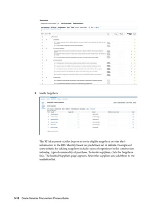 3-12    Oracle Services Procurement Process Guide
6. Invite Suppliers
The RFI document enables buyers to invite eligible suppliers to enter their
information in the RFI. Identify based on predefined set of criteria. Examples of
some criteria for adding suppliers include: years of experience in the construction
industry, type of commodity of purchase. To invite suppliers, click the Suppliers
link. The Invited Suppliers page appears. Select the suppliers and add them to the
invitation list.
 