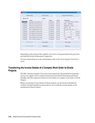 3-46    Oracle Services Procurement Process Guide
Depending on the setup for the supplier, an invoice is auto generated for the pay item,
provided the Work Confirmation is approved.
For more information on work confirmations, refer to the Oracle iSupplier Portal User's
Guide.
Transferring the Invoice Details of a Complex Work Order to Oracle
Projects
The PRC: Interface Supplier Costs concurrent request uses the predefined transaction
sources for supplier costs to import transactions from Oracle Purchasing and Oracle
Payables. Run this request to transfer invoice details of a complex work order to Oracle
Projects.
Before you transfer invoice details to Oracle Projects, use the Invoices Workbench
window in Oracle Payables to process the invoice so that the invoice details can be
transferred to Oracle Projects.
 