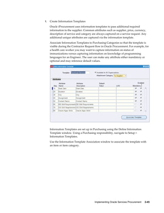 Implementing Oracle Services Procurement     2-45
1. Create Information Templates
Oracle iProcurement uses information templates to pass additional required
information to the supplier. Common attributes such as supplier, price, currency,
description of service and category are always captured on a service request. Any
additional unique attributes are captured via the information template.
Associate Information Templates to Purchasing Categories so that the template is
visible during the Contractor Request flow in Oracle Procurement. For example, for
a health care worker you may want to capture information on status of
immunizations versus capturing information on knowledge of programming
languages for an Engineer. The user can make any attribute either mandatory or
optional and may reference default values.
Information Templates are set up in Purchasing using the Define Information
Template window. Using a Purchasing responsibility, navigate to Setup >
Information Templates.
Use the Information Template Association window to associate the template with
an item or item category.
 