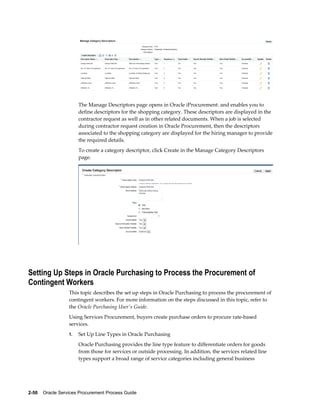 2-50    Oracle Services Procurement Process Guide
The Manage Descriptors page opens in Oracle iProcurement. and enables you to
define descriptors for the shopping category. These descriptors are displayed in the
contractor request as well as in other related documents. When a job is selected
during contractor request creation in Oracle Procurement, then the descriptors
associated to the shopping category are displayed for the hiring manager to provide
the required details.
To create a category descriptor, click Create in the Manage Category Descriptors
page.
Setting Up Steps in Oracle Purchasing to Process the Procurement of
Contingent Workers
This topic describes the set up steps in Oracle Purchasing to process the procurement of
contingent workers. For more information on the steps discussed in this topic, refer to
the Oracle Purchasing User's Guide.
Using Services Procurement, buyers create purchase orders to procure rate-based
services.
1. Set Up Line Types in Oracle Purchasing
Oracle Purchasing provides the line type feature to differentiate orders for goods
from those for services or outside processing. In addition, the services related line
types support a broad range of service categories including general business
 