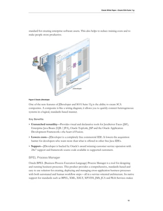 Oracle White Paper—Oracle SOA Suite 11g




standard for creating enterprise software assets. This also helps to reduce training costs and to
make people more productive.




Figure 5 Oracle JDeveloper


One of the new features of JDeveloper and SOA Suite 11g is the ability to create SCA
composites. A composite is like a wiring diagram; it allows you to quickly connect heterogeneous
systems in a logical, standards-based manner.

Key Benefits

•   Unmatched versatility—Provides visual and declarative tools for JavaServer Faces (JSF),
    Enterprise Java Beans (EJB / JPA), Oracle TopLink, JSP and the Oracle Application
    Development Framework—the heart of Fusion.
•   Lowers costs—JDeveloper is a completely free commercial IDE. It lowers the acquisition
    barrier for developers who want more than what is offered in other free Java IDEs.
•   Support—JDeveloper is backed by Oracle’s award winning customer service operation with
    24x7 support and framework source code available to supported customers.

BPEL Process Manager
Oracle BPEL (Business Process Execution Language) Process Manager is a tool for designing
and running business processes. This product provides a comprehensive, standards-based and
easy to use solution for creating, deploying and managing cross-application business processes
with both automated and human workflow steps – all in a service-oriented architecture. Its native
support for standards such as BPEL, XML, XSLT, XPATH, JMS, JCA and Web Services makes




                                                                                                    12
 