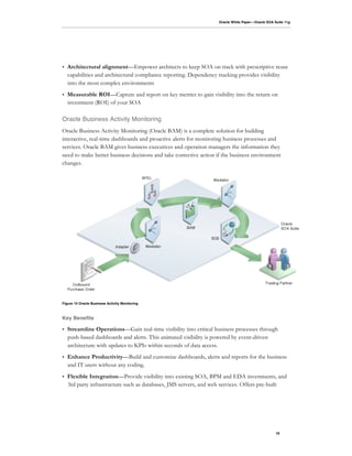 Oracle White Paper—Oracle SOA Suite 11g




•   Architectural alignment—Empower architects to keep SOA on track with prescriptive reuse
    capabilities and architectural compliance reporting. Dependency tracking provides visibility
    into the most complex environments
•   Measurable ROI—Capture and report on key metrics to gain visibility into the return on
    investment (ROI) of your SOA

Oracle Business Activity Monitoring
Oracle Business Activity Monitoring (Oracle BAM) is a complete solution for building
interactive, real-time dashboards and proactive alerts for monitoring business processes and
services. Oracle BAM gives business executives and operation managers the information they
need to make better business decisions and take corrective action if the business environment
changes.




Figure 10 Oracle Business Activity Monitoring



Key Benefits

•   Streamline Operations—Gain real-time visibility into critical business processes through
    push-based dashboards and alerts. This animated visibility is powered by event-driven
    architecture with updates to KPIs within seconds of data access.
•   Enhance Productivity—Build and customize dashboards, alerts and reports for the business
    and IT users without any coding.
•   Flexible Integration—Provide visibility into existing SOA, BPM and EDA investments, and
    3rd party infrastructure such as databases, JMS servers, and web services. Offers pre-built




                                                                                                  18
 