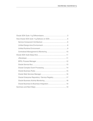 Oracle White Paper—Oracle SOA Suite 11g




Oracle SOA Suite 11g Differentiators .................................................. 3
How Oracle SOA Suite 11g Delivers on SOA...................................... 6
   Service Component Architecture ..................................................... 6
   Unified Design-time Envrionment .................................................... 8
   Unified Runtime Environment .......................................................... 9
   Centralized Management & Monitoring ......................................... 10
Oracle SOA Suite Deep Dive ............................................................. 11
   JDeveloper..................................................................................... 11
   BPEL Process Manager ................................................................ 12
   Oracle Service Bus ........................................................................ 13
   Oracle Complex Event Processing ................................................ 14
   Oracle Business Rules .................................................................. 15
   Oracle Web Services Manager ...................................................... 16
   Oracle Enterprise Repository / Service Registry............................ 17
   Oracle Business Activity Monitoring .............................................. 18
   Oracle Business-to-Business Integration....................................... 19
Summary and Next Steps .................................................................. 19
 